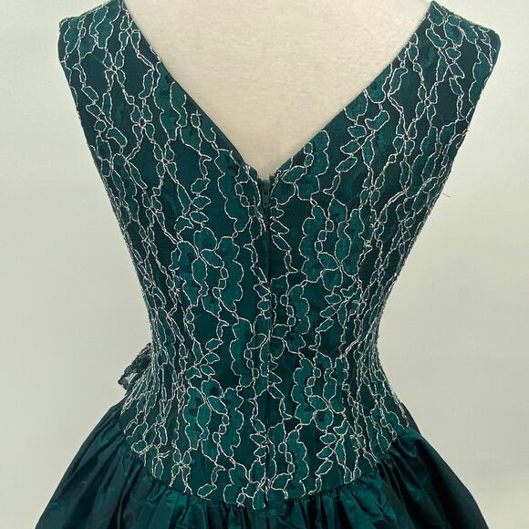 Vintage 80s Fit & Flare Cocktail Dress Lace Bodice Taffeta Mini Teal Womens 8 - Picture 7 of 12